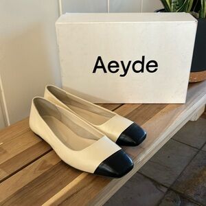 Aeyde Inga Cream Ballet Flat Black Cap Toe